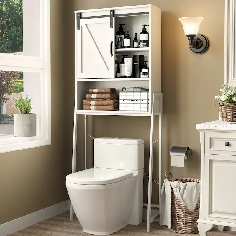 Meuble de rangement WC avec porte coulissante et étagères réglables