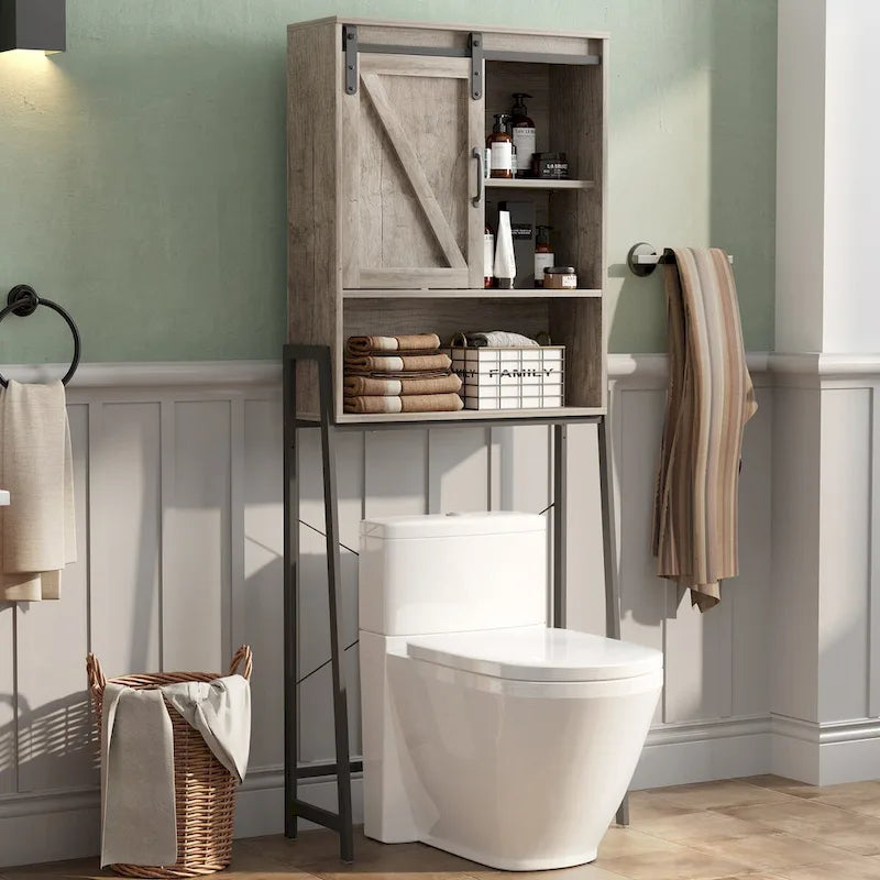 Meuble de rangement WC avec porte coulissante et étagères réglables