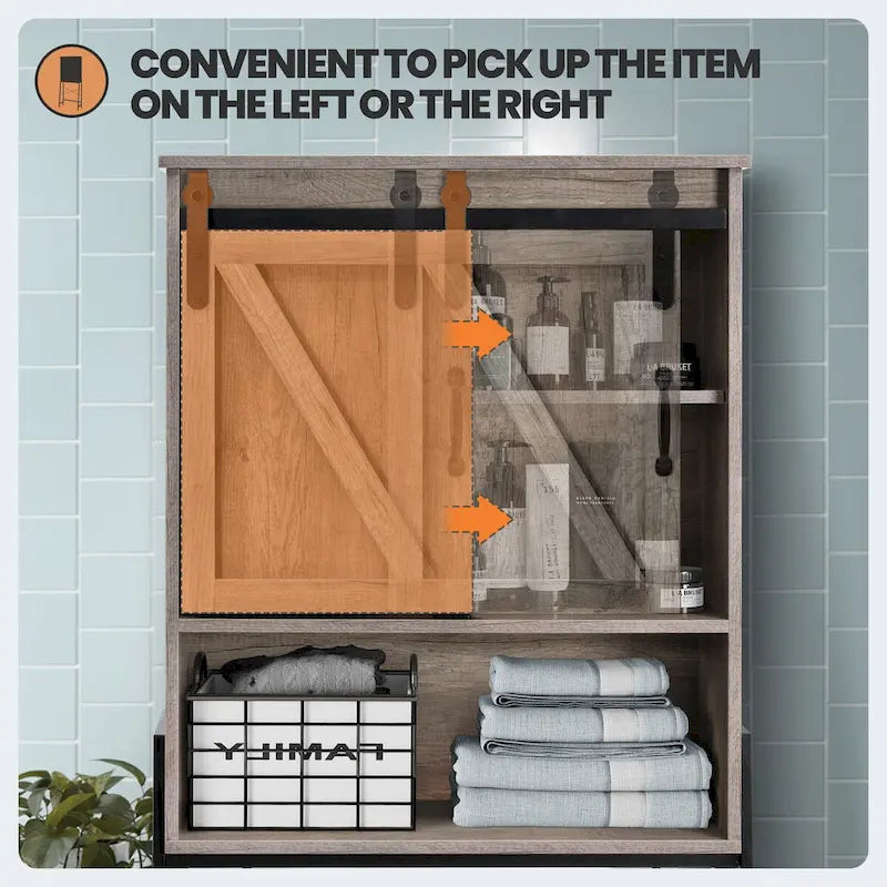 Meuble de rangement WC avec porte coulissante et étagères réglables