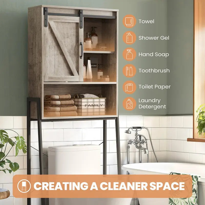 Meuble de rangement WC avec porte coulissante et étagères réglables