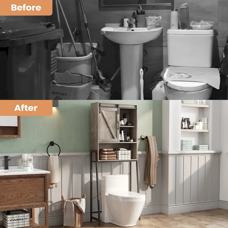 Meuble de rangement WC avec porte coulissante et étagères réglables