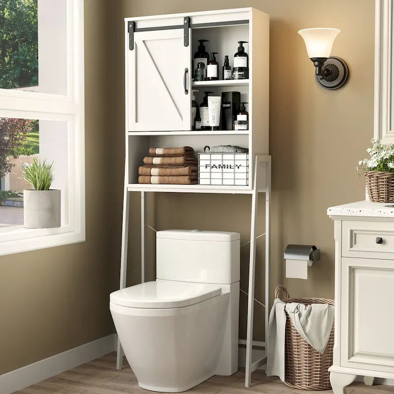 Meuble de rangement WC avec porte coulissante et étagères réglables