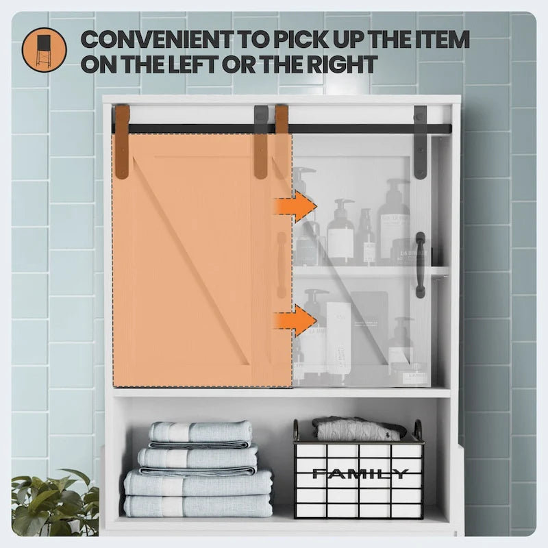 Meuble de rangement WC avec porte coulissante et étagères réglables
