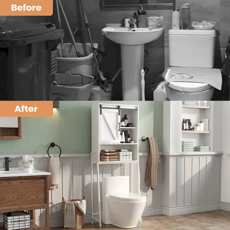 Meuble de rangement WC avec porte coulissante et étagères réglables