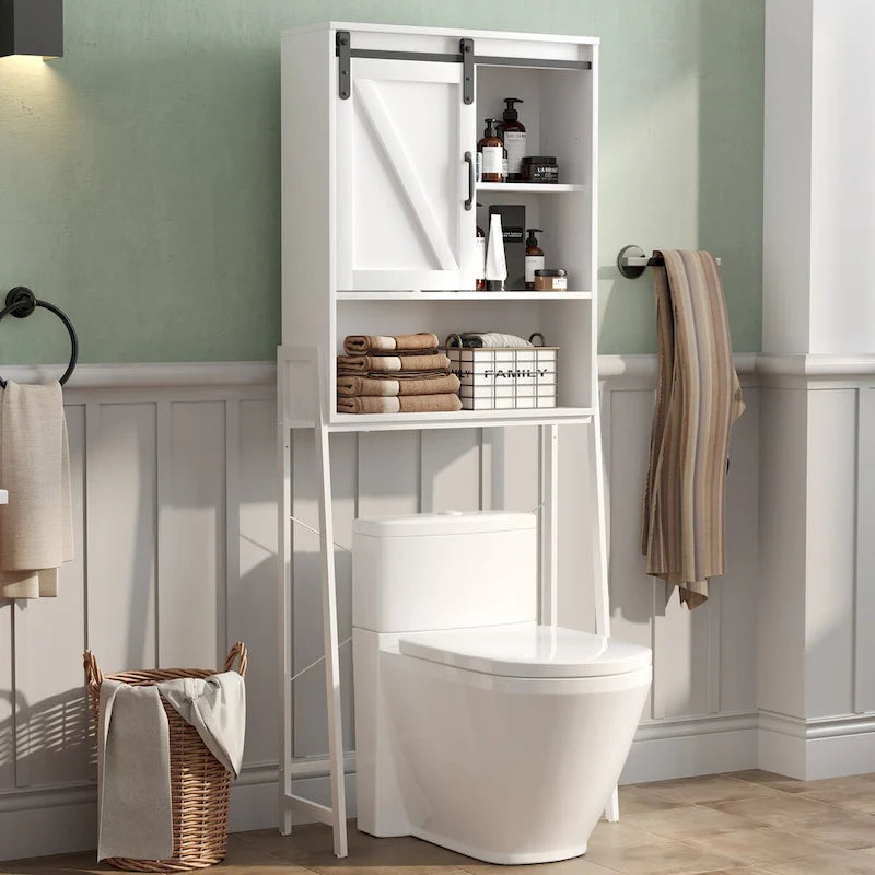 Meuble de rangement WC avec porte coulissante et étagères réglables