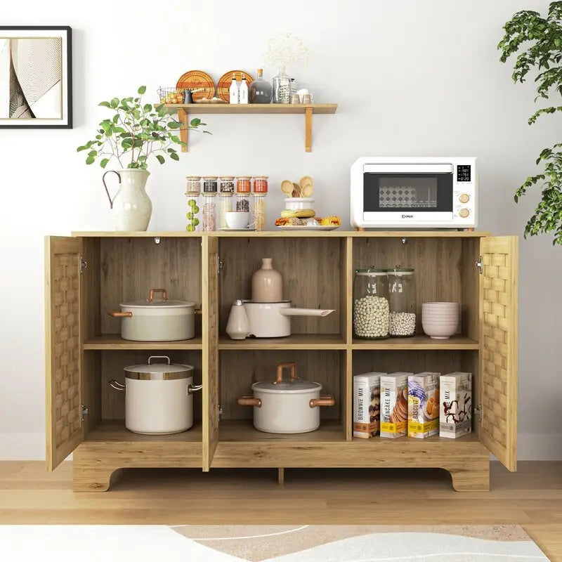 Meuble de rangement pour bar à café de ferme à 3 portes avec portes tressées et étagère réglable