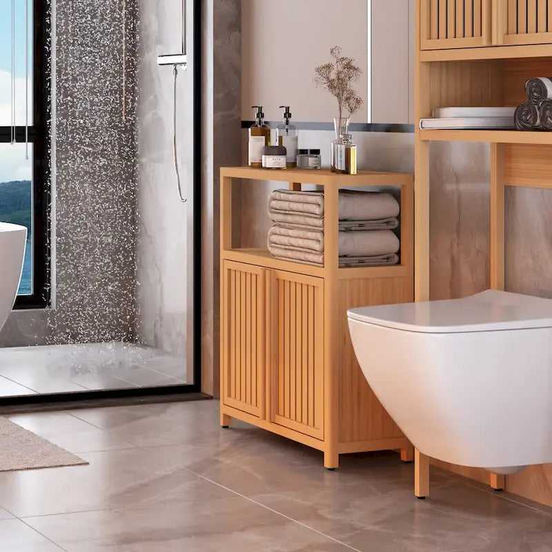Meuble de salle de bain en bambou de 32 po avec portes persiennes et étagère intérieure