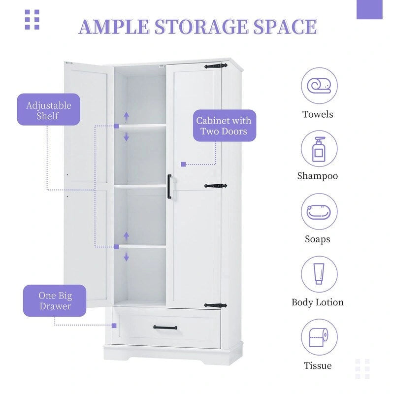 Armoire haute de salle de bain avec 2 portes, 1 tiroir et surface imperméable