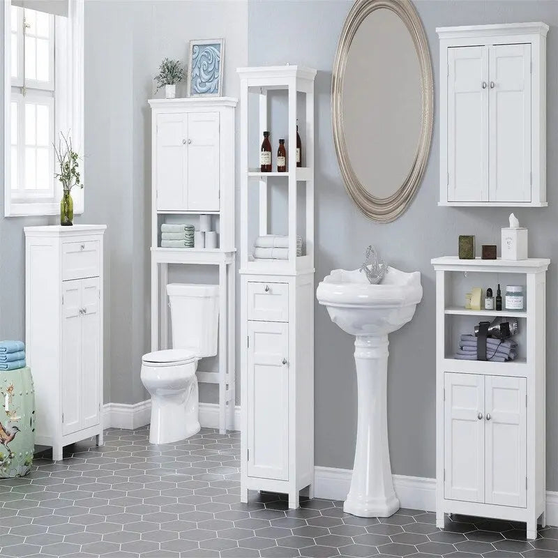 Meuble de rangement pour toilettes avec lambris à rainures et languettes — 27,36" L x 65" H