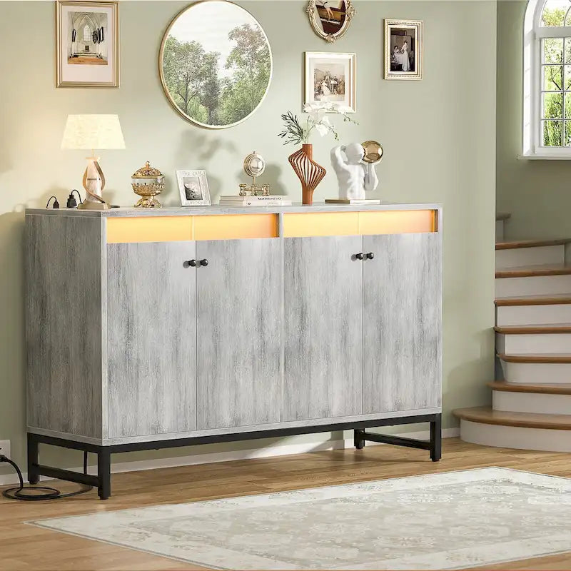 Meuble bar 4 portes Accent avec lumières LED, prise de courant et synchronisation musicale RVB