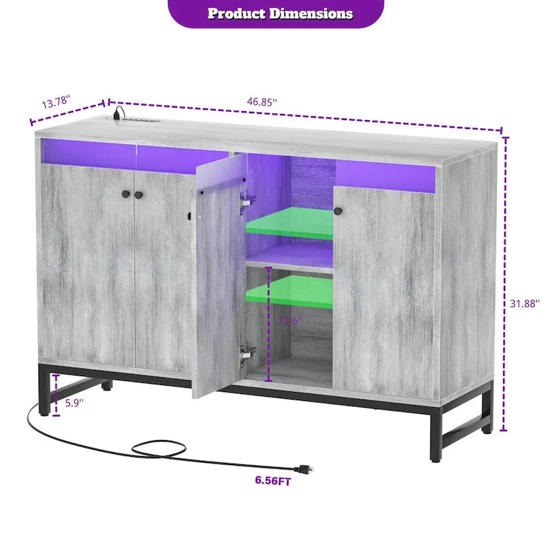 Meuble bar 4 portes Accent avec lumières LED, prise de courant et synchronisation musicale RVB