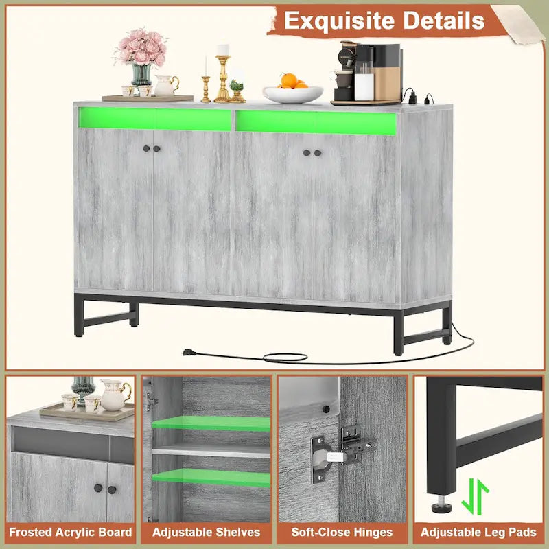 Meuble bar 4 portes Accent avec lumières LED, prise de courant et synchronisation musicale RVB