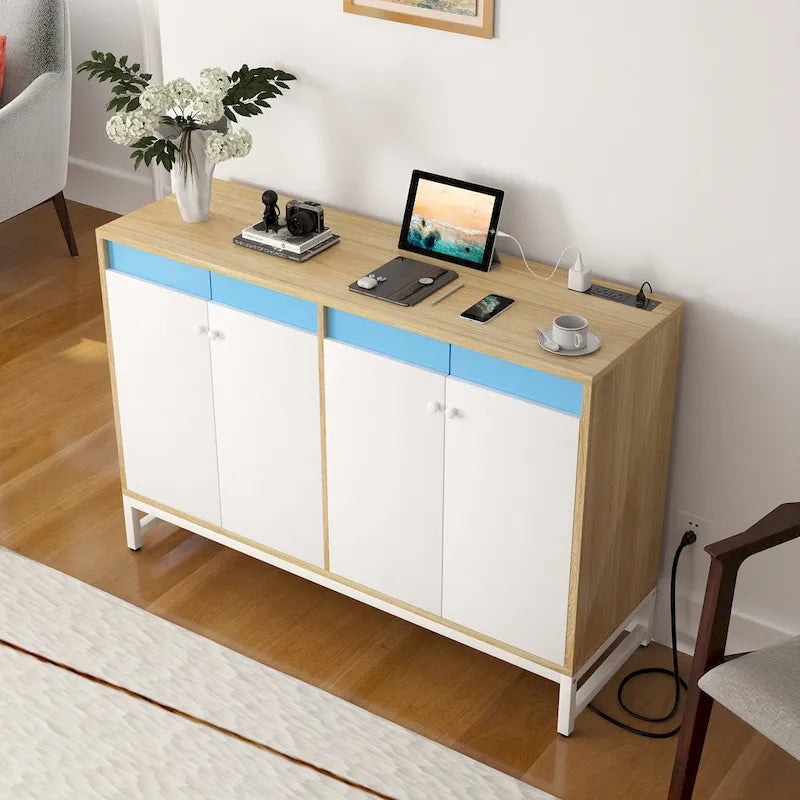 Meuble bar 4 portes Accent avec lumières LED, prise de courant et synchronisation musicale RVB
