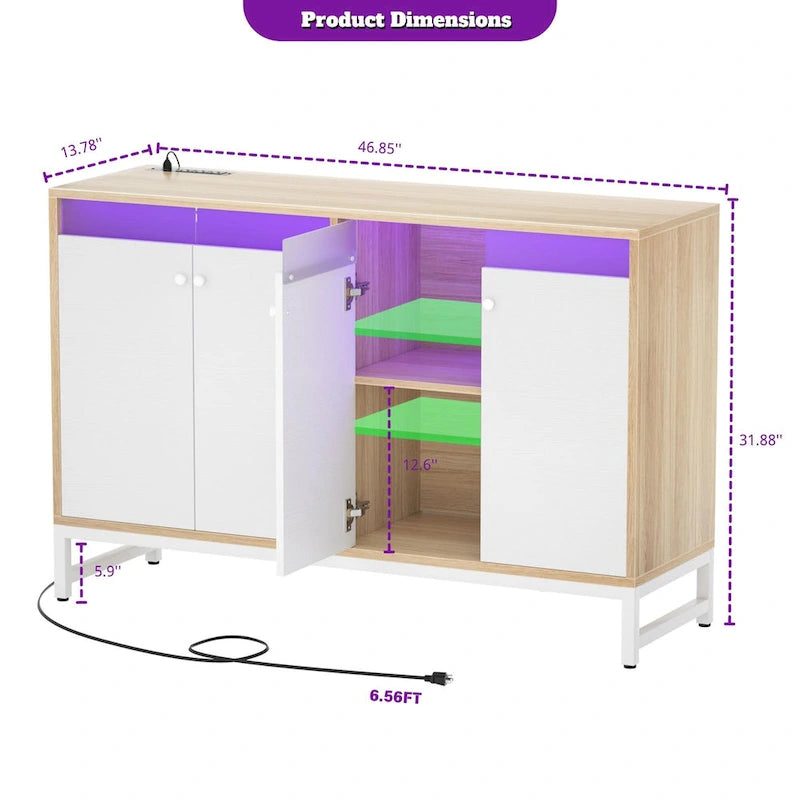 Meuble bar 4 portes Accent avec lumières LED, prise de courant et synchronisation musicale RVB