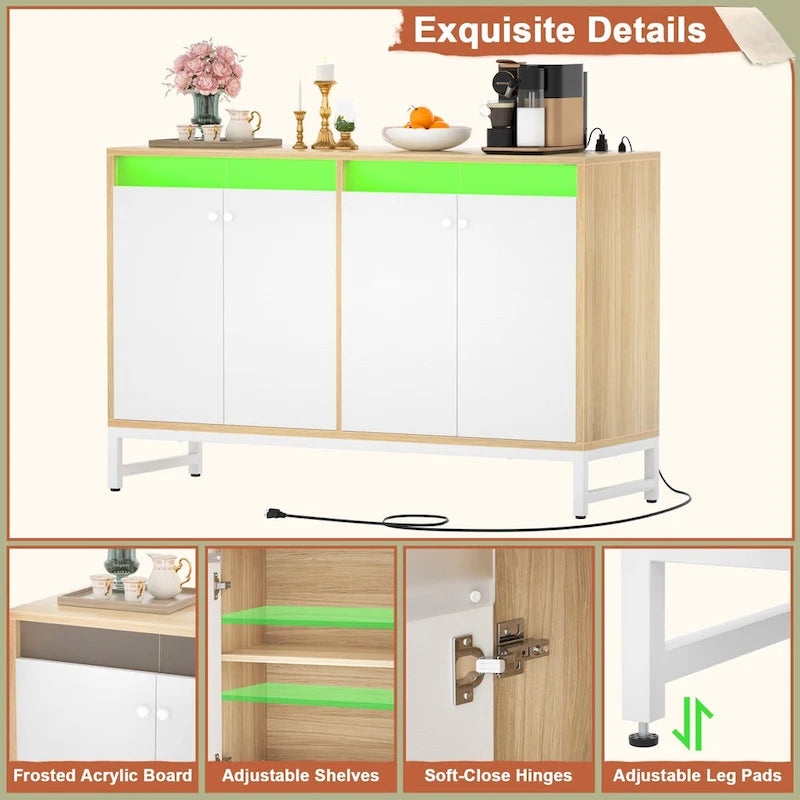 Meuble bar 4 portes Accent avec lumières LED, prise de courant et synchronisation musicale RVB