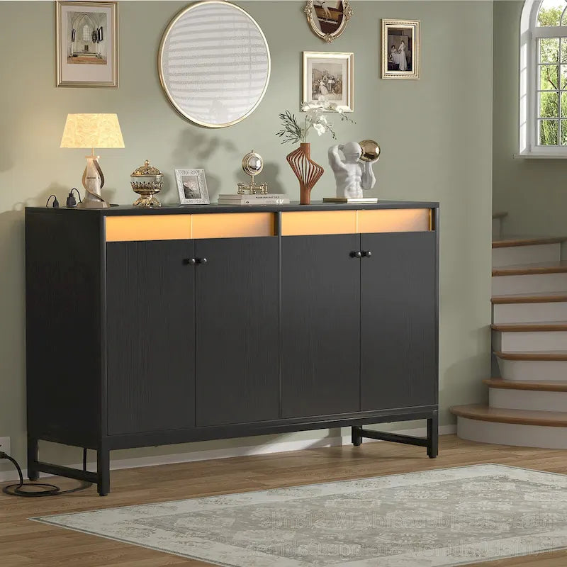 Meuble bar 4 portes Accent avec lumières LED, prise de courant et synchronisation musicale RVB