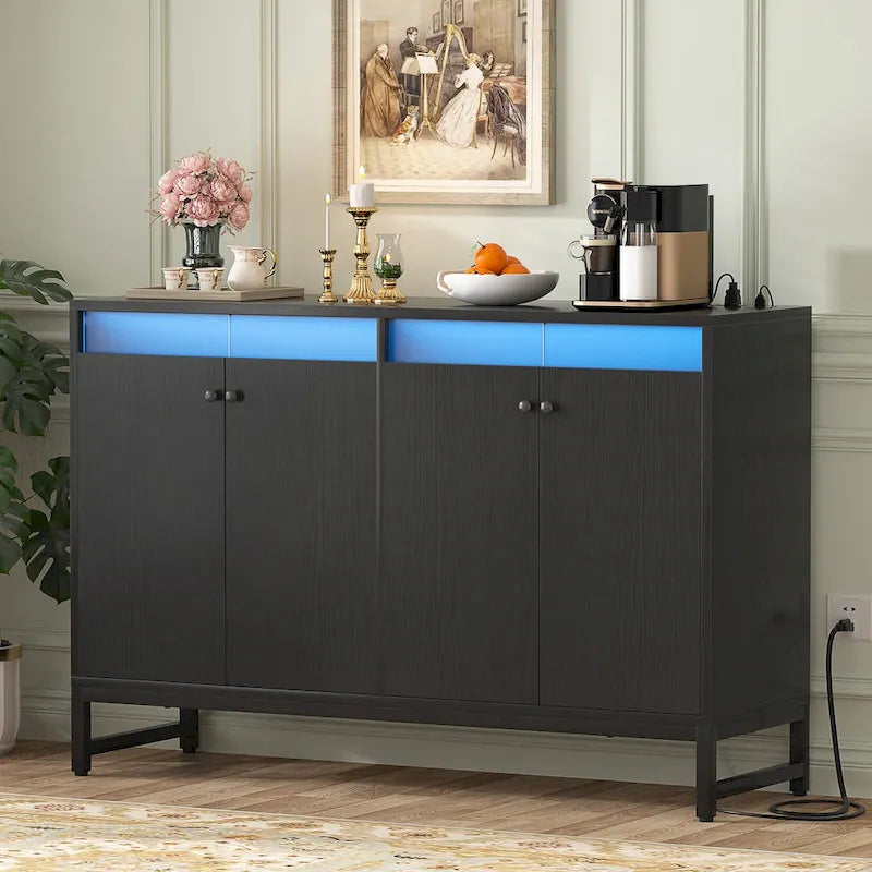 Meuble bar 4 portes Accent avec lumières LED, prise de courant et synchronisation musicale RVB