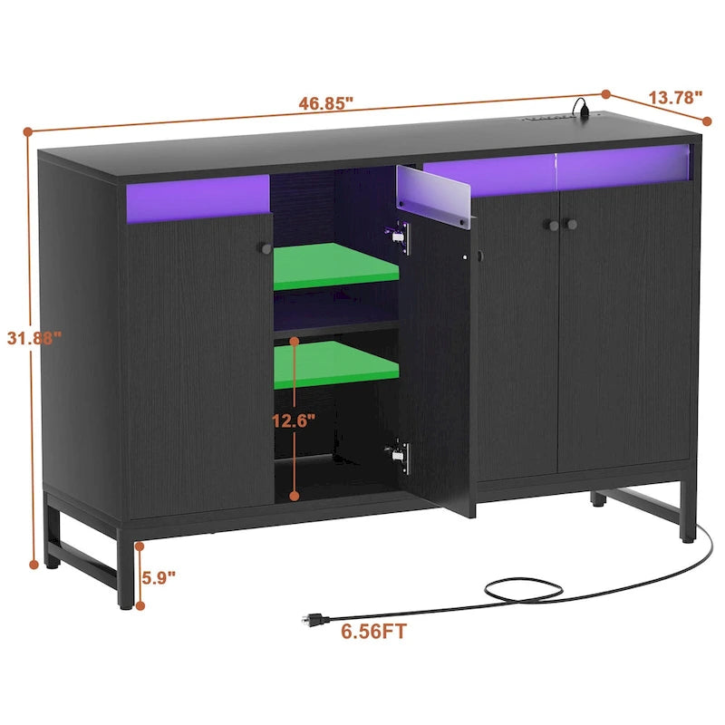 Meuble bar 4 portes Accent avec lumières LED, prise de courant et synchronisation musicale RVB