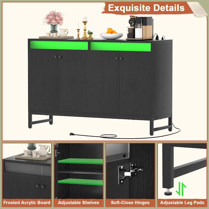Meuble bar 4 portes Accent avec lumières LED, prise de courant et synchronisation musicale RVB