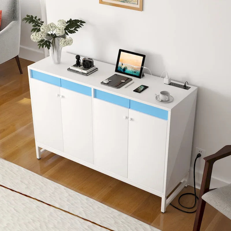 Meuble bar 4 portes Accent avec lumières LED, prise de courant et synchronisation musicale RVB