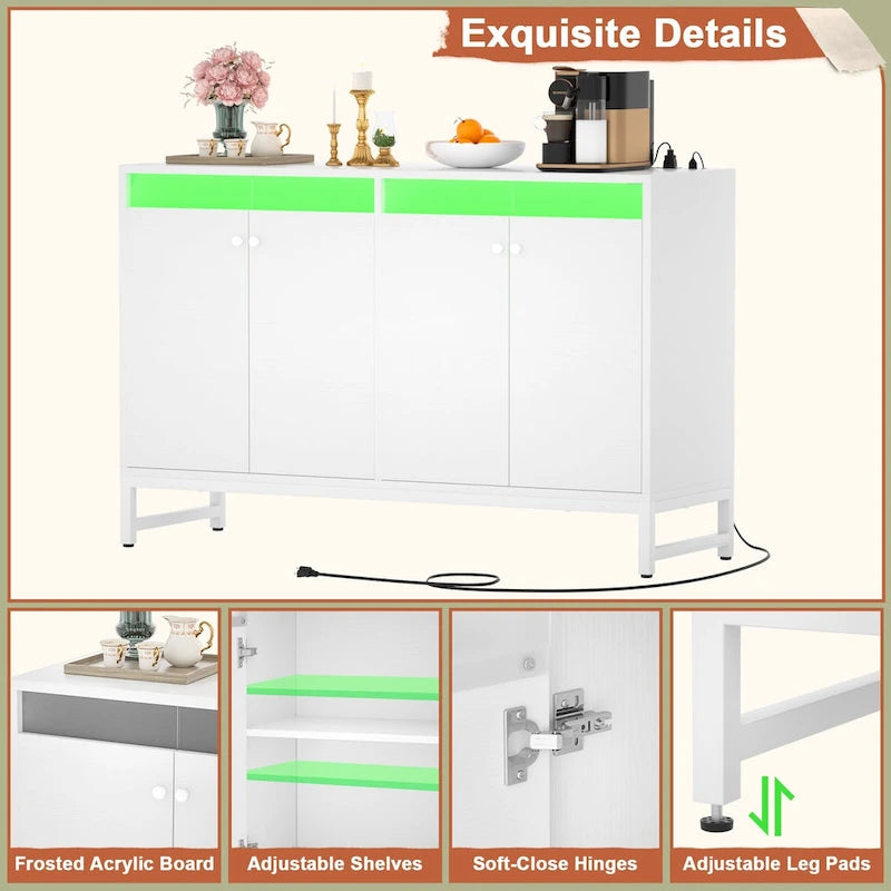 Meuble bar 4 portes Accent avec lumières LED, prise de courant et synchronisation musicale RVB