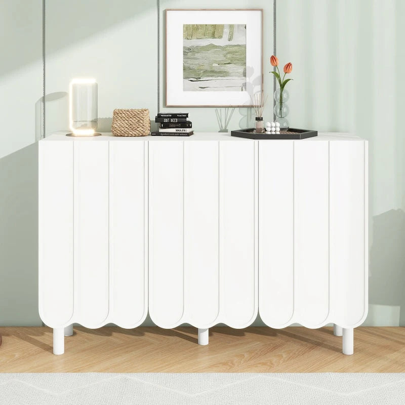 Shoe Cabinet with 5 Solid Wood Legs, Sideboard Buffet Cabinet with Adjustable Shelves, Large Storage Cabinet with Wave Doors