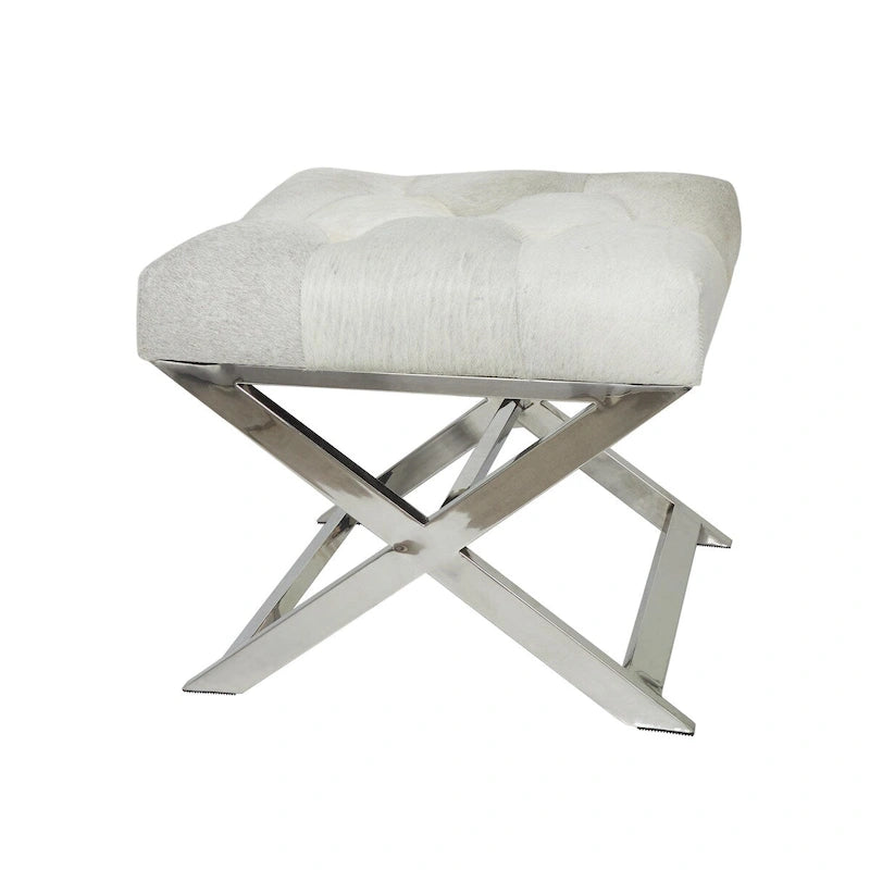 Banc capitonné en cuir avec base diagonale en acier inoxydable argenté — Gris
