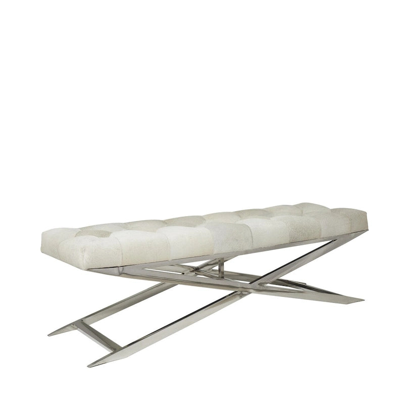 Banc capitonné en cuir avec base diagonale en acier inoxydable argenté — Gris