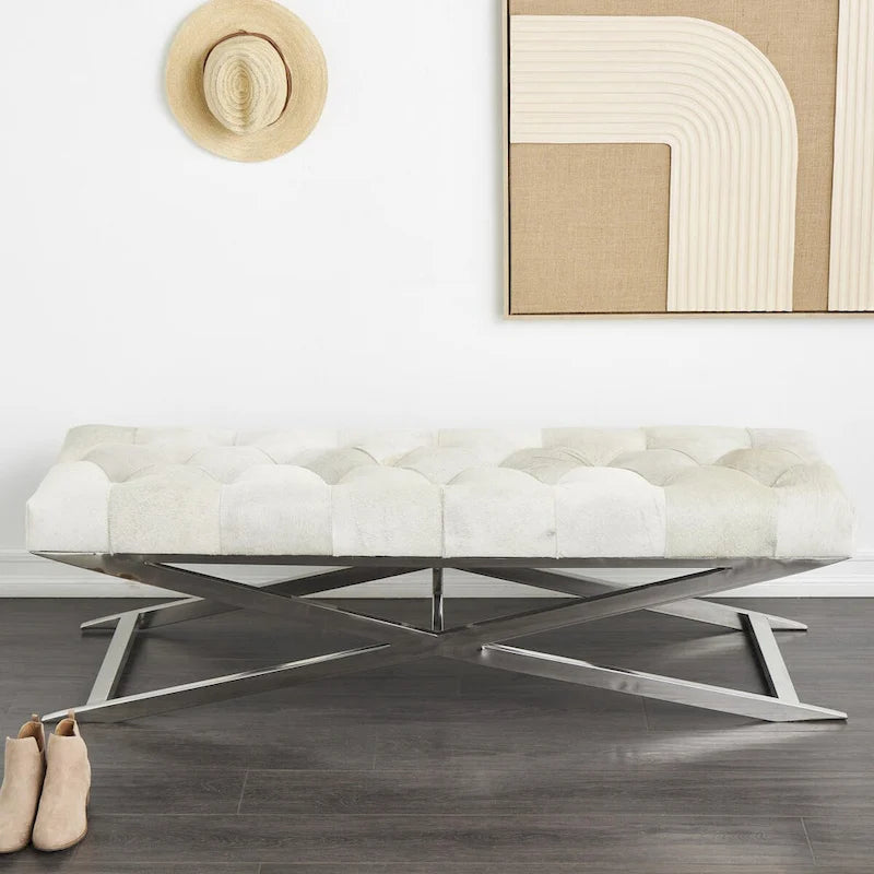 Banc capitonné en cuir avec base diagonale en acier inoxydable argenté — Gris