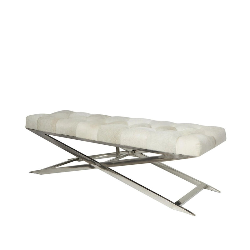 Banc capitonné en cuir avec base diagonale en acier inoxydable argenté — Gris