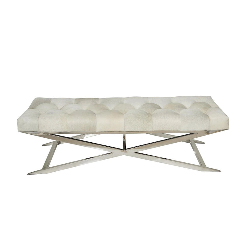 Banc capitonné en cuir avec base diagonale en acier inoxydable argenté — Gris