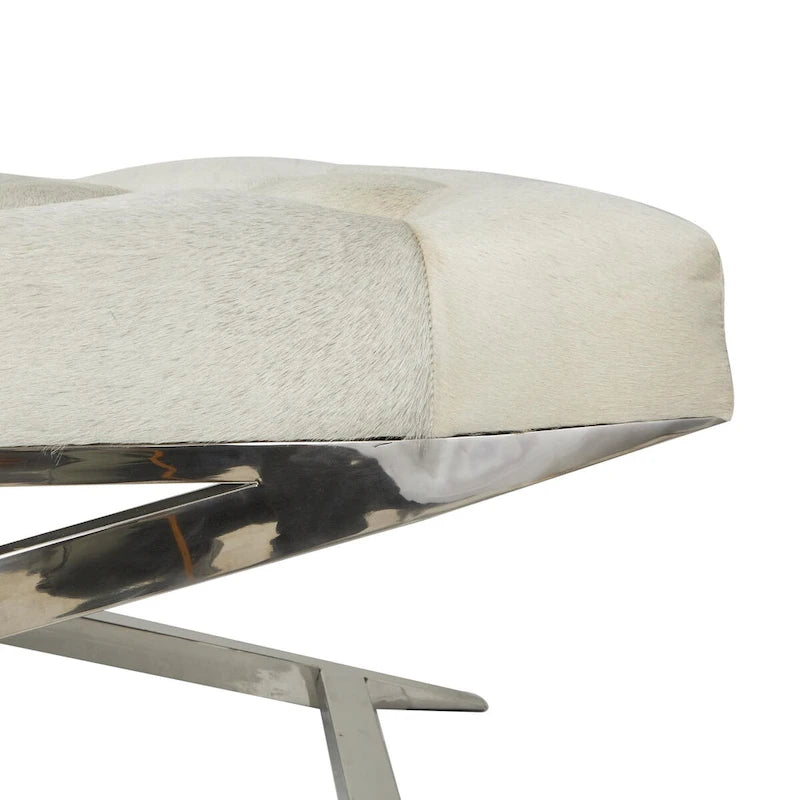 Banc capitonné en cuir avec base diagonale en acier inoxydable argenté — Gris