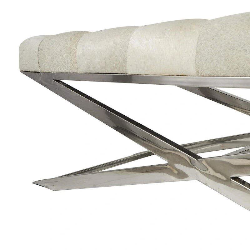 Banc capitonné en cuir avec base diagonale en acier inoxydable argenté — Gris