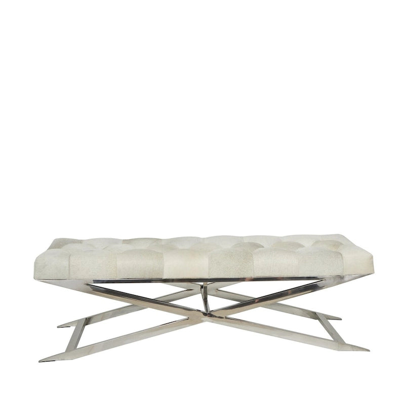 Banc capitonné en cuir avec base diagonale en acier inoxydable argenté — Gris