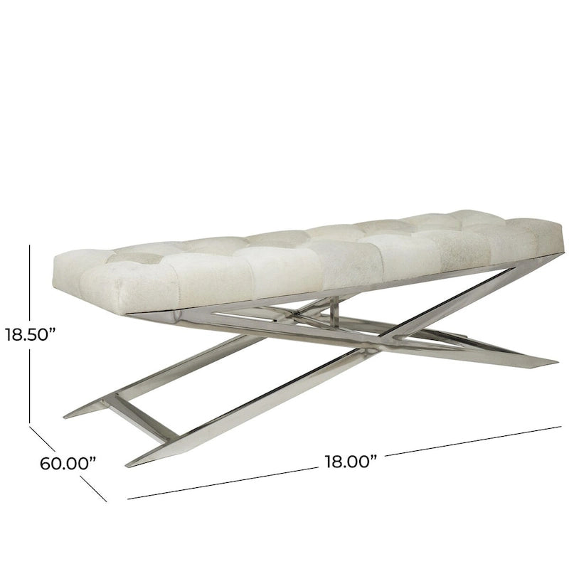 Banc capitonné en cuir avec base diagonale en acier inoxydable argenté — Gris