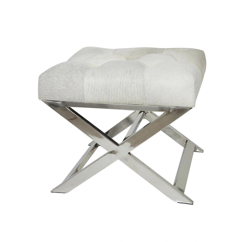 Banc capitonné en cuir avec base diagonale en acier inoxydable argenté — Gris