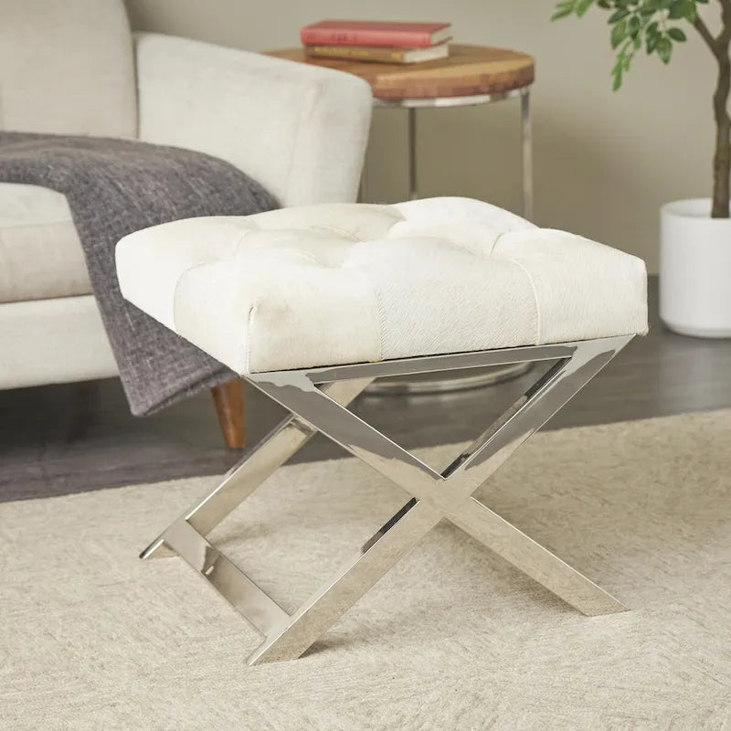 Banc capitonné en cuir avec base diagonale en acier inoxydable argenté — Gris