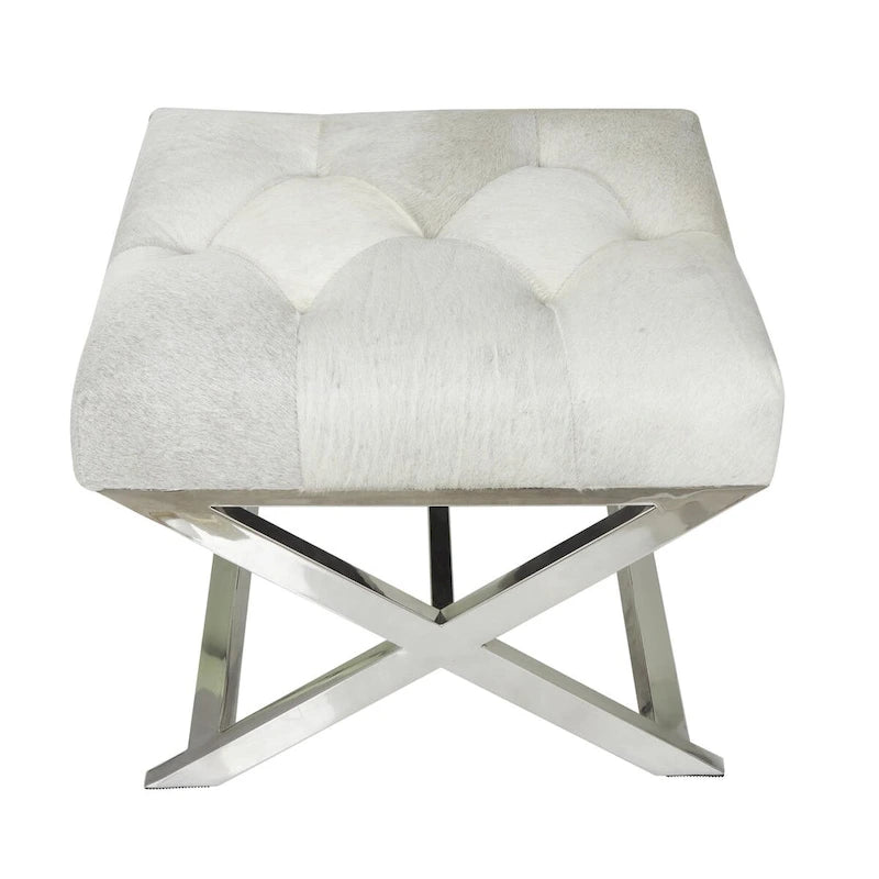 Banc capitonné en cuir avec base diagonale en acier inoxydable argenté — Gris