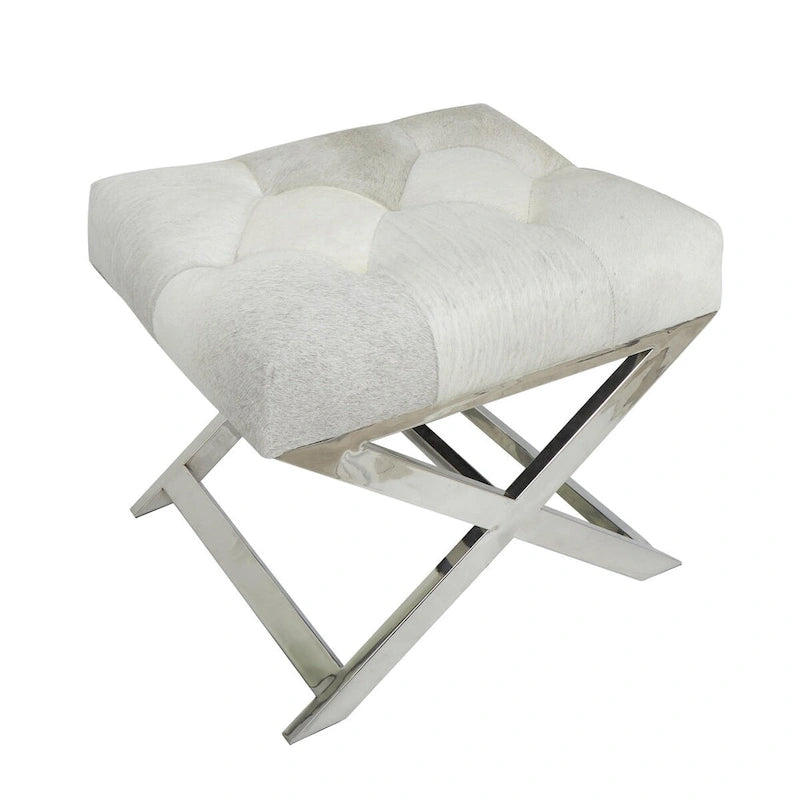 Banc capitonné en cuir avec base diagonale en acier inoxydable argenté — Gris