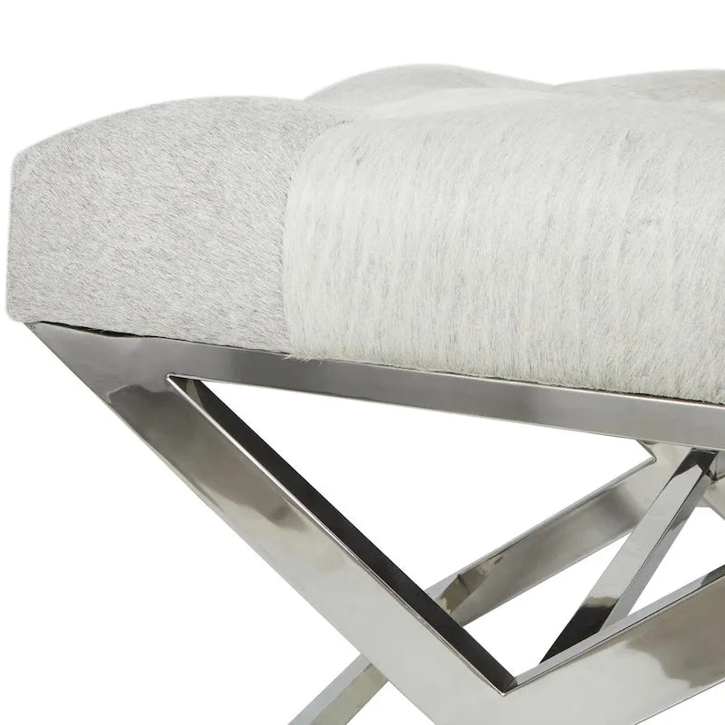 Banc capitonné en cuir avec base diagonale en acier inoxydable argenté — Gris