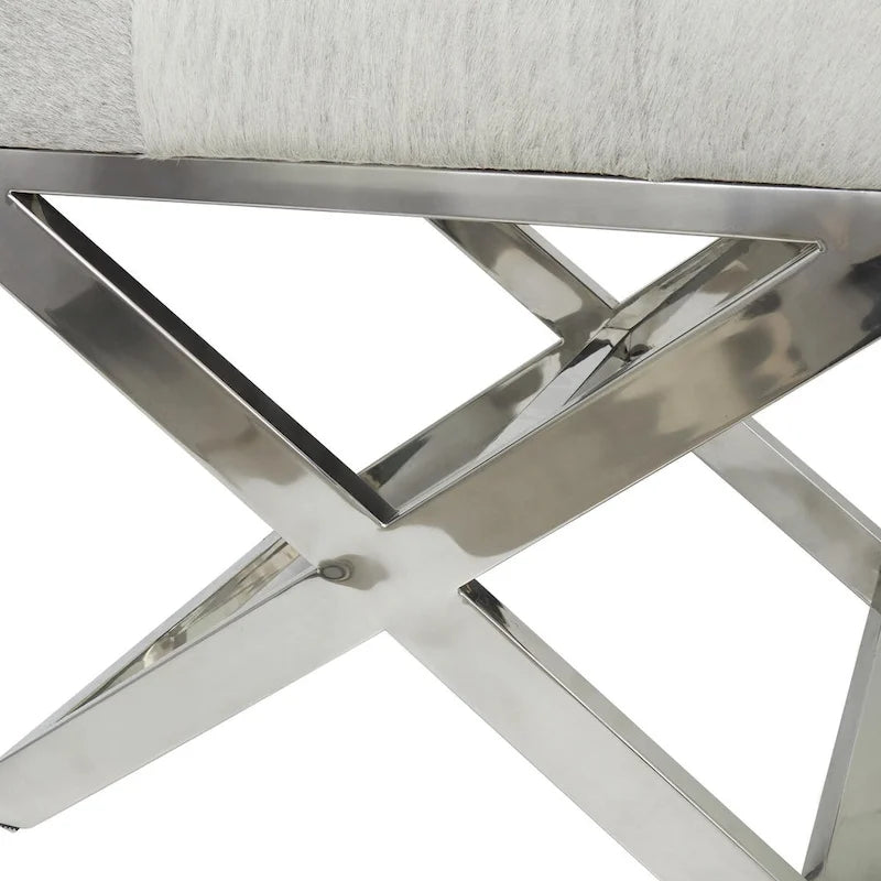 Banc capitonné en cuir avec base diagonale en acier inoxydable argenté — Gris