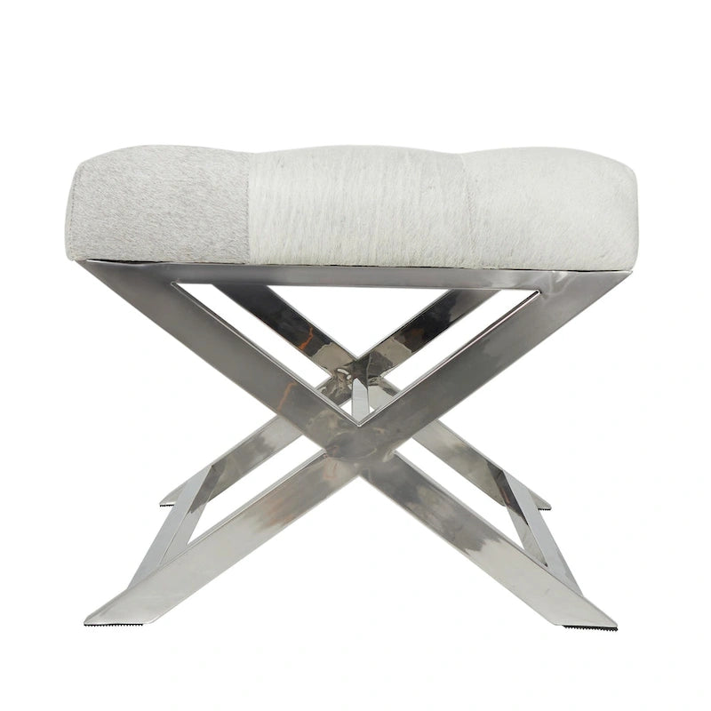 Banc capitonné en cuir avec base diagonale en acier inoxydable argenté — Gris