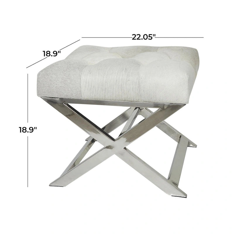 Banc capitonné en cuir avec base diagonale en acier inoxydable argenté — Gris